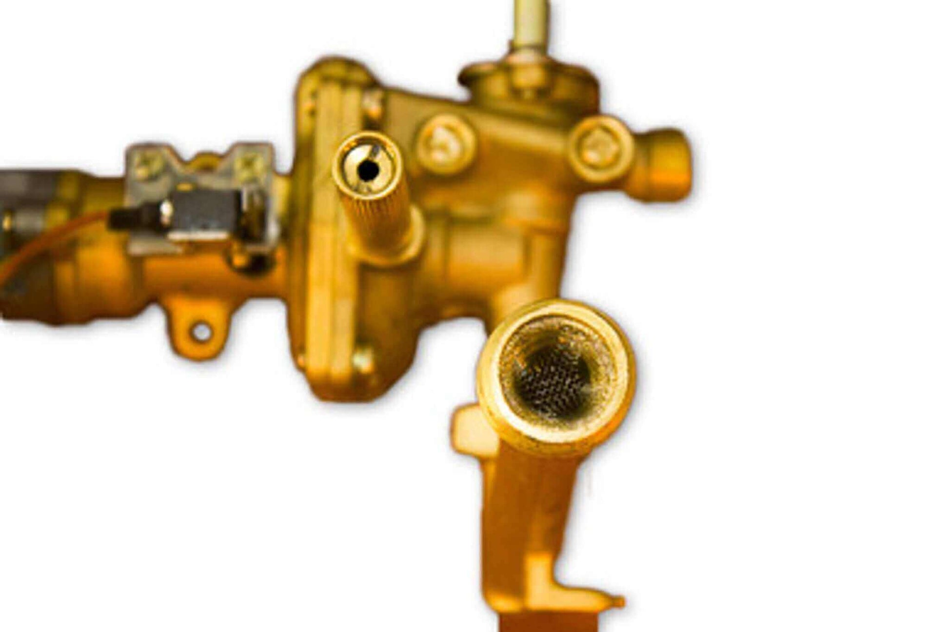 Eccotemp L5 Gas-Water Valve Assembly from Cabin Depot, showing metal valve components for portable water heater regulation.