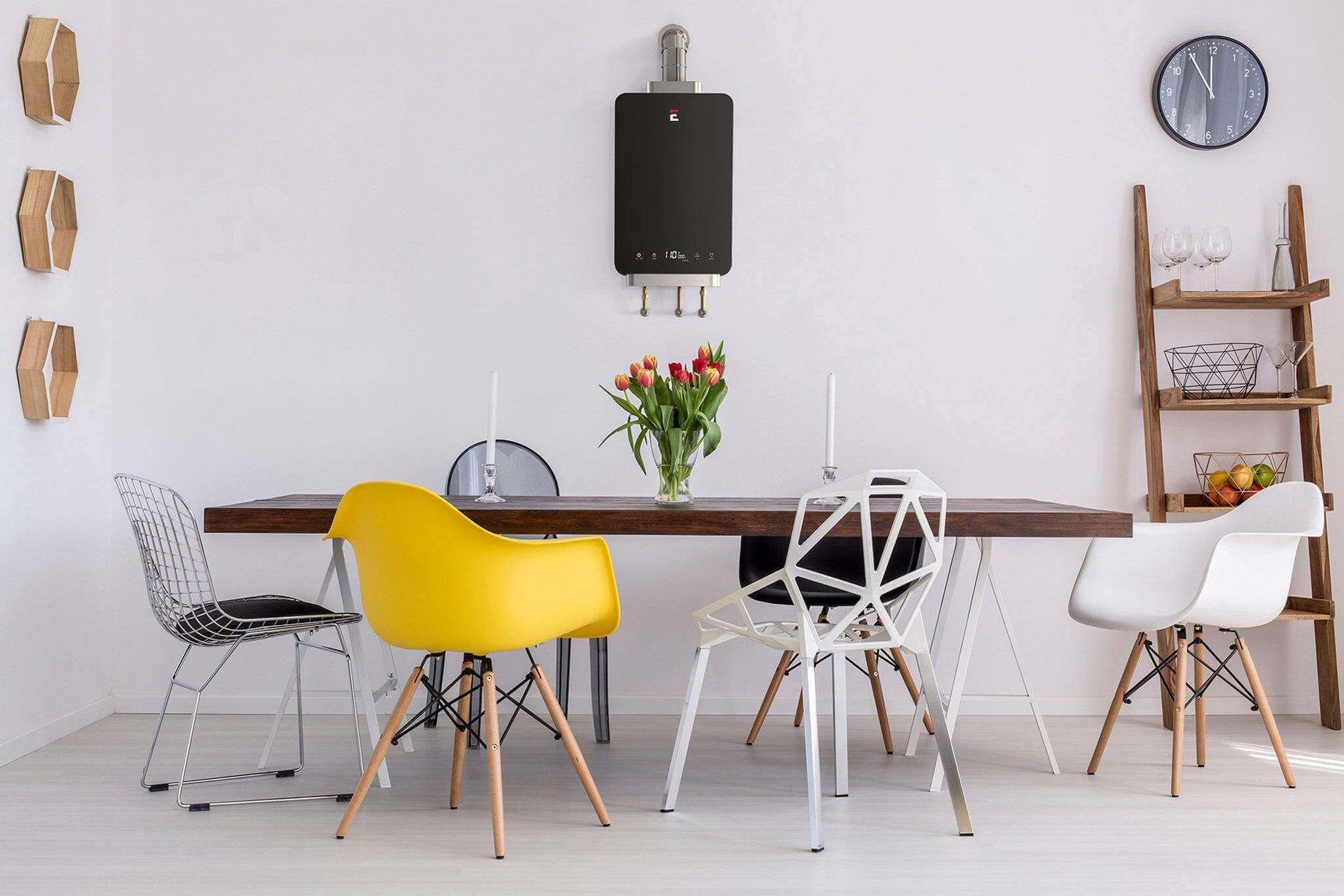 Modern dining room with Eccotemp i12LP tankless water heater from Cabin Depot, featuring contemporary chairs and a wooden table.