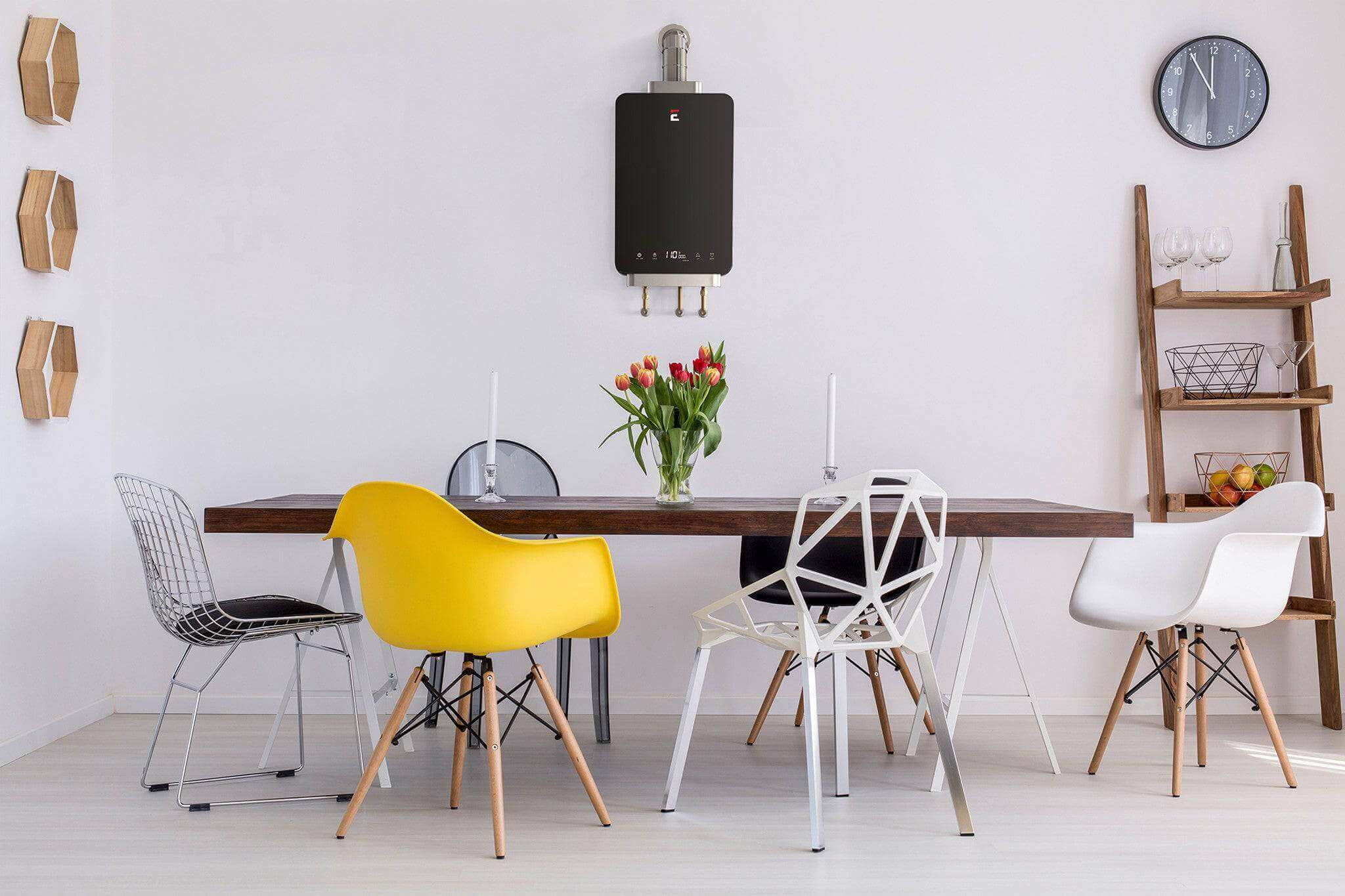 Modern dining room with Eccotemp i12LP tankless water heater from Cabin Depot, featuring contemporary chairs and a wooden table.
