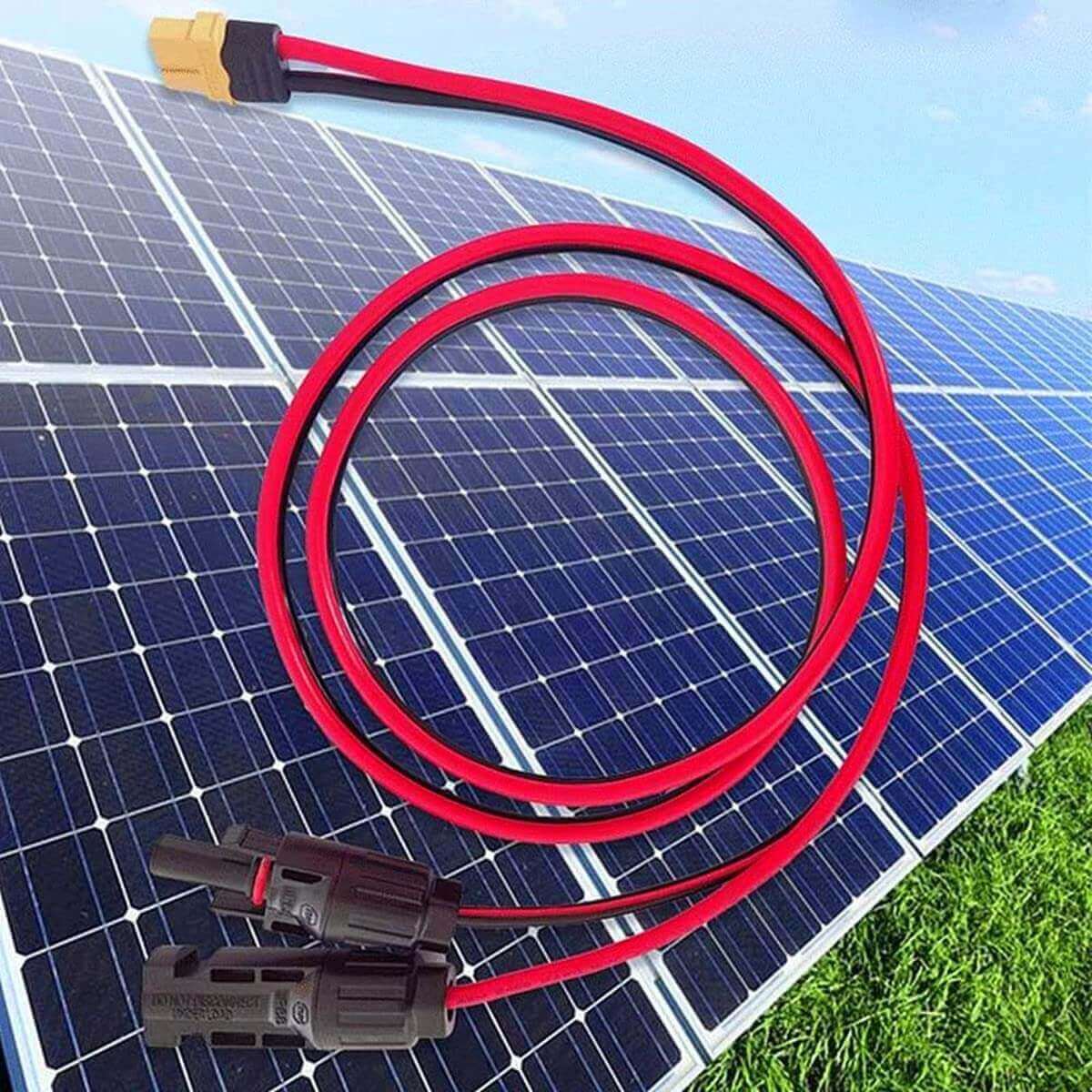 EcoFlow solar connector to XT60 female cable for portable power station, durable 12AWG copper, available at Cabin Depot.