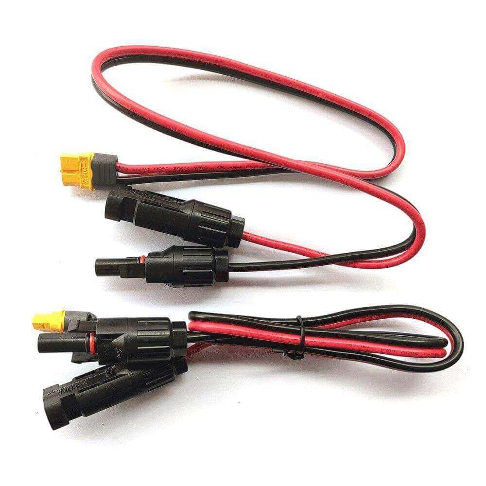 EcoFlow solar connector to XT60 female adapter, 10ft cable, durable 12AWG copper wire, available at Cabin Depot.