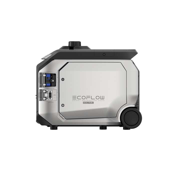 EcoFlow Smart Generator 4000 Dual Fuel side view compatible with DELTA Pro, showcasing reliable backup power technology.