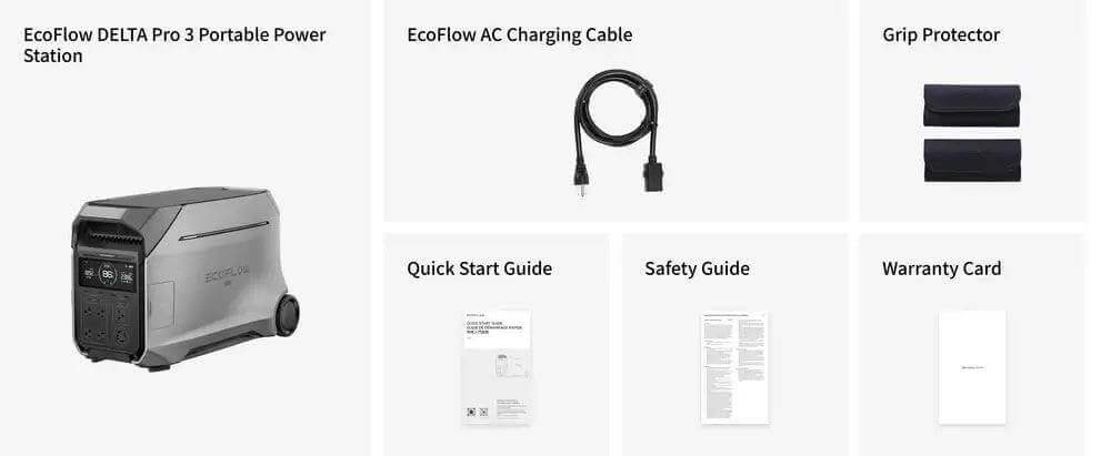 EcoFlow Delta Pro 3 Portable Power Station and accessories, including AC charging cable, grip protector, quick start guide, safety guide, and warranty card - Cabin Depot.