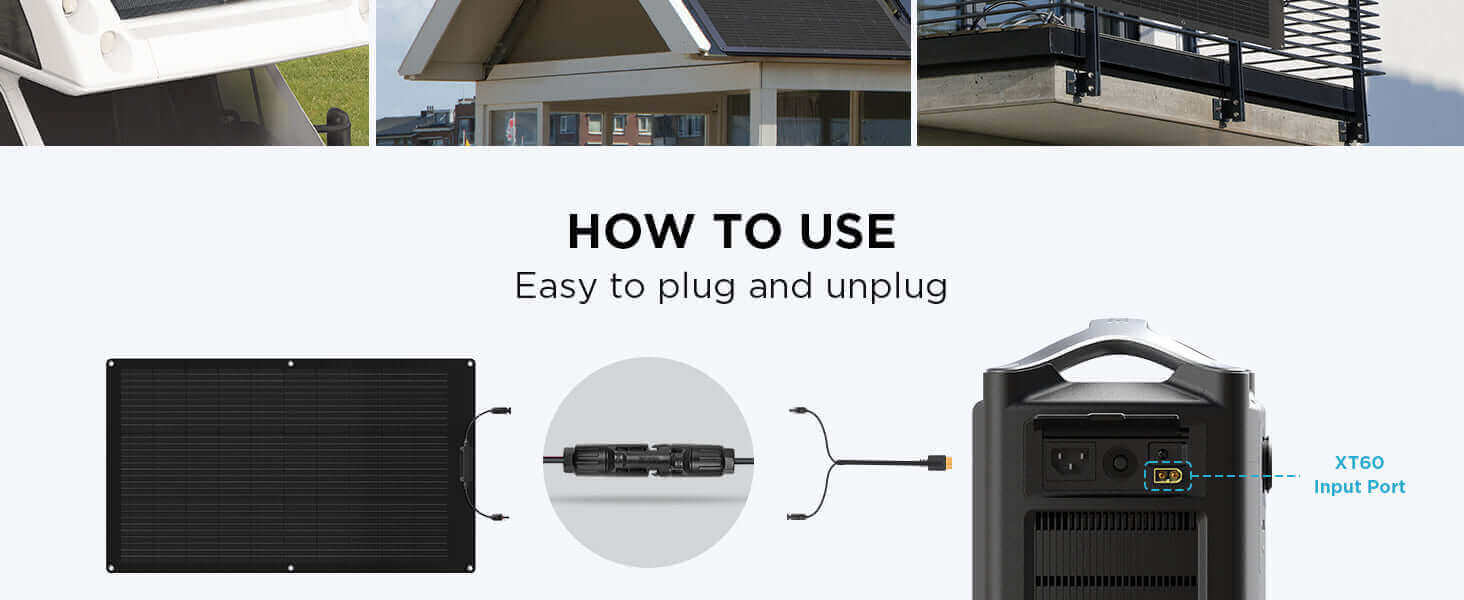 Diagram showing how to connect EcoFlow 100W Flexible Solar Panel to a power station using an XT60 input port.