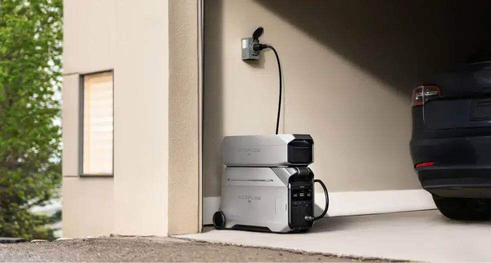 EcoFlow DELTA Pro 3 Smart Extra Battery at Cabin Depot charging a car, showcasing portable 4kWh power for homes and trips.