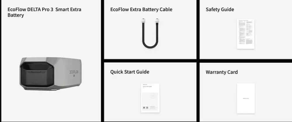EcoFlow DELTA Pro 3 Smart Extra Battery kit with cable, safety guide, quick start guide, and warranty card from Cabin Depot.