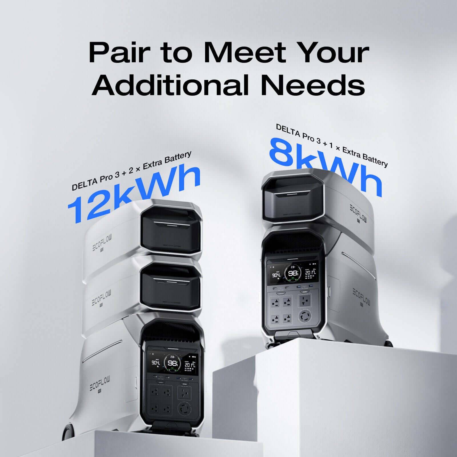 EcoFlow DELTA Pro 3 with Smart Extra Battery showing 12kWh and 8kWh configurations for Cabin Depot. Ideal for flexible energy solutions.
