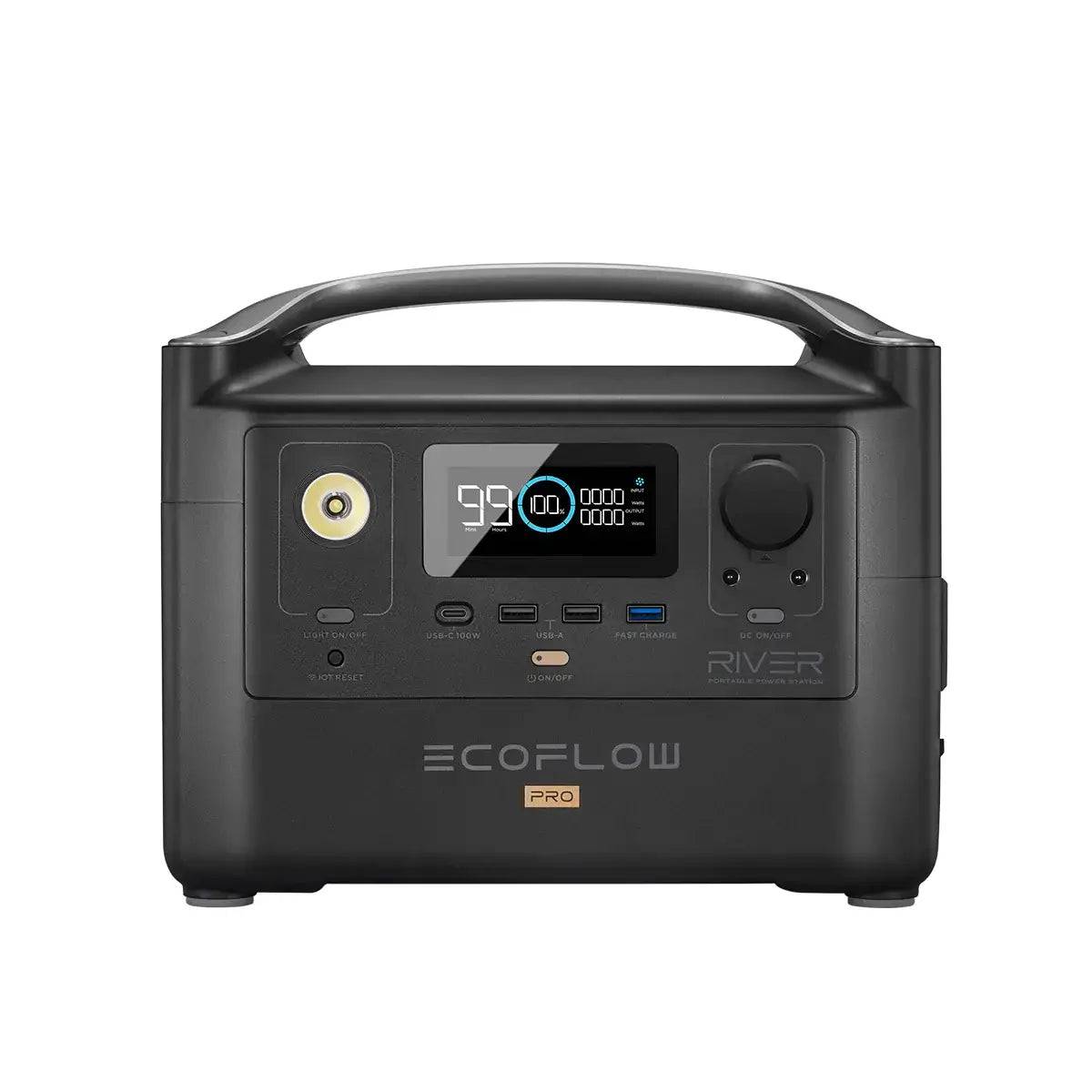 EcoFlow RIVER Pro Portable Power Station with 720Wh capacity, offered by Cabin Depot, ideal for adventures. Features 3 AC outlets.