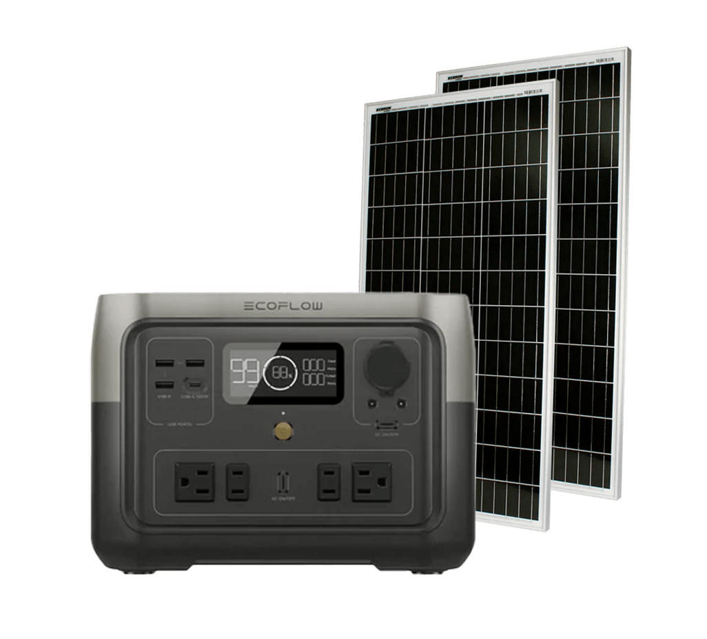 EcoFlow RIVER 2 Max Portable Power Station with solar panels, available at The Cabin Depot for fast charging and modular design.