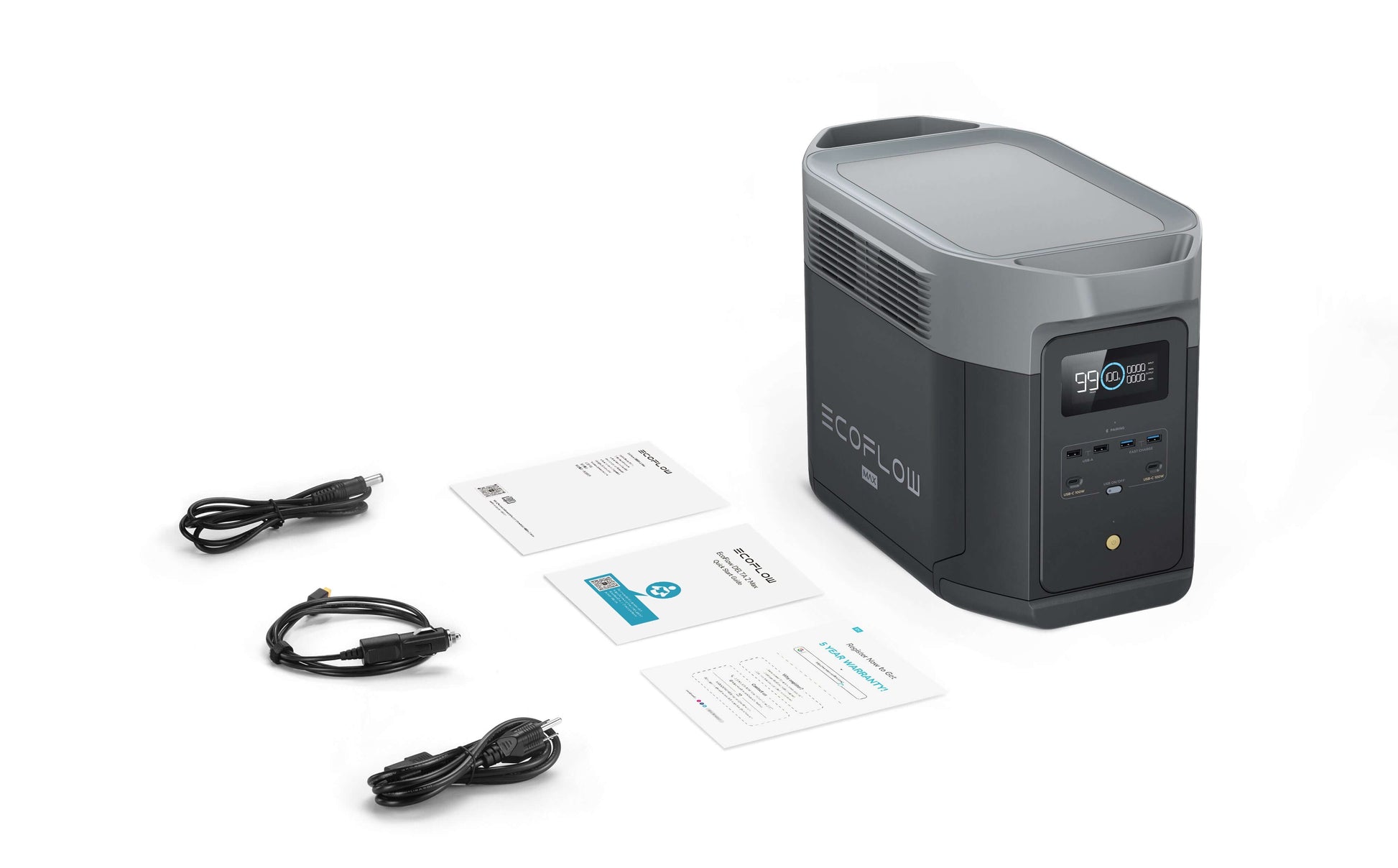 EcoFlow DELTA 2 Max Portable Power Station with accessories and manuals from Cabin Depot.