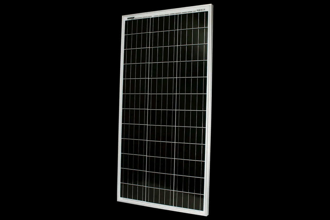 Solar panel with black and silver grid design against a dark background.