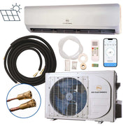EG4 24,000 BTU Hybrid AC/DC Mini Split from Cabin Depot with installation components, remote, and mobile app integration.