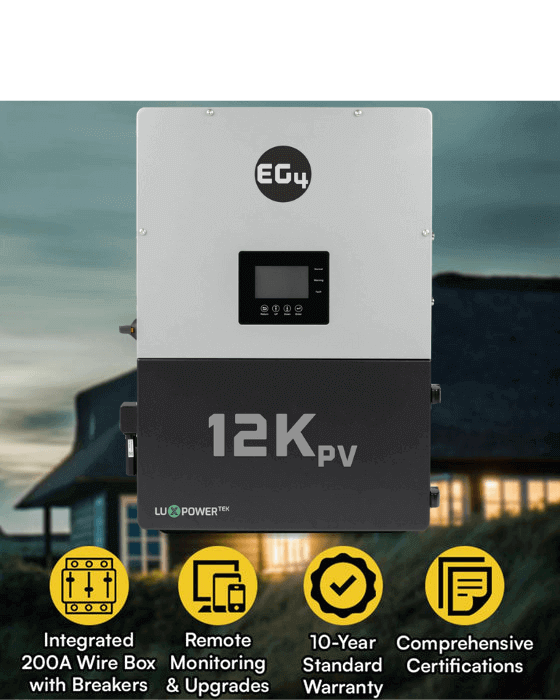 EG4 12kPV Hybrid Split Phase Inverter for Cabin Depot solar solutions, featuring 10-year warranty and remote monitoring capabilities.