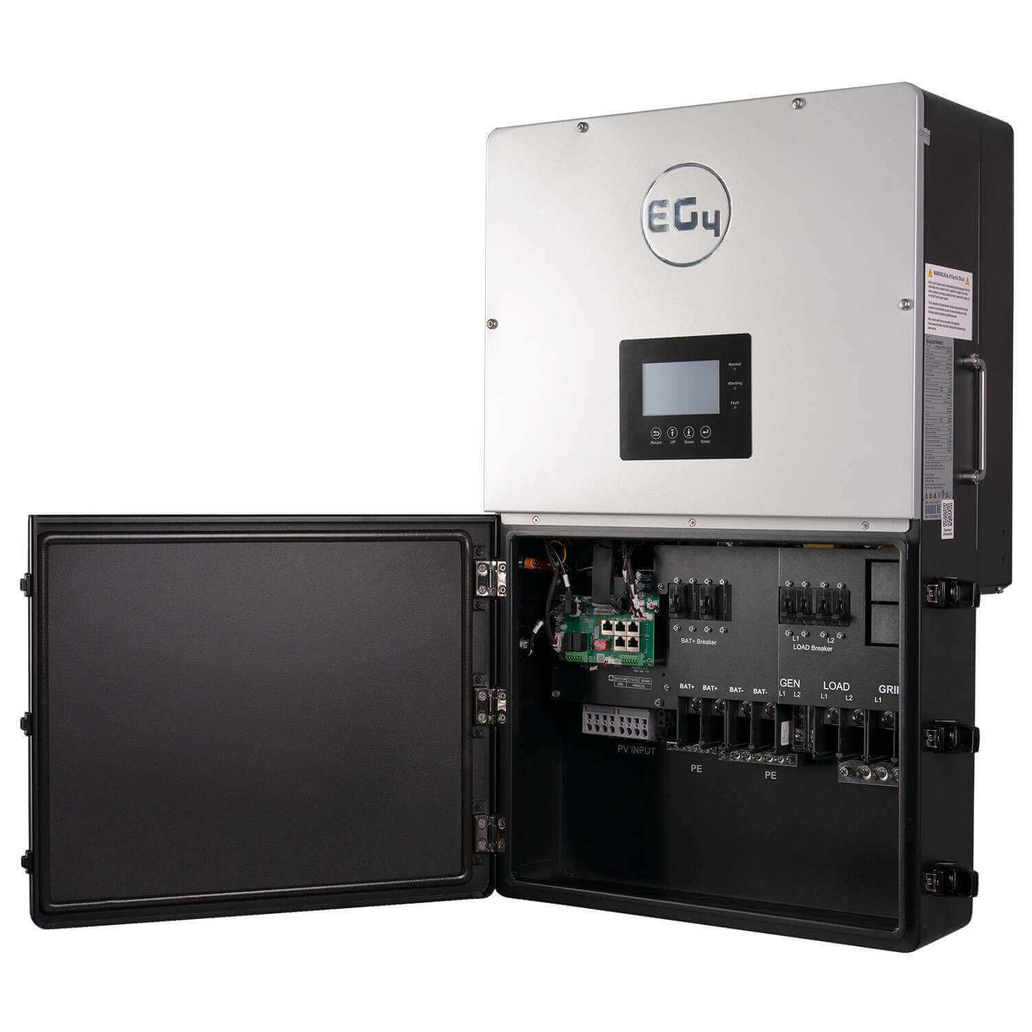 EG4 18kPV Hybrid Inverter, 48V 120/240VAC, open cover view, solar power solution at Cabin Depot.