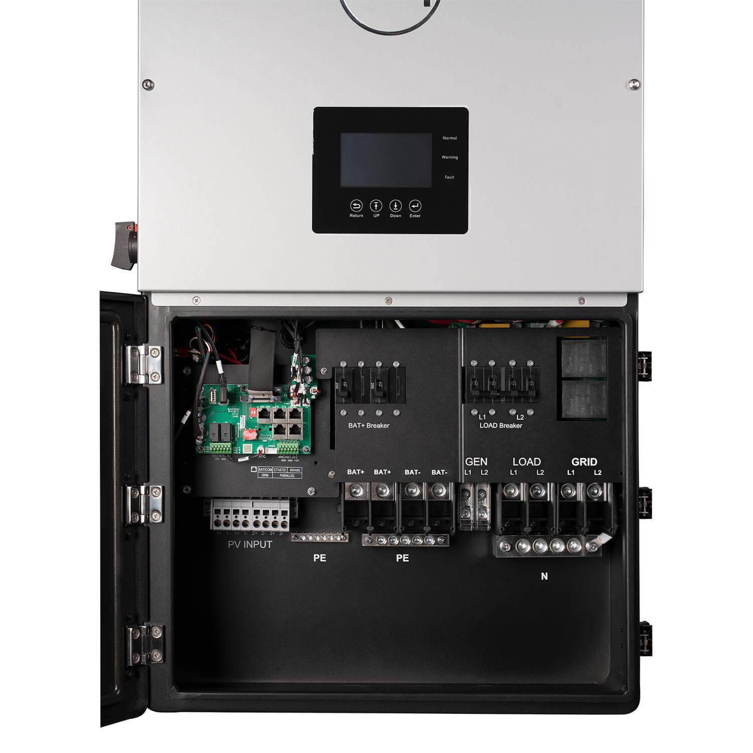 EG4 48V 18kPV-12LV hybrid inverter open view showing internal components, ideal for Cabin Depot solar projects.