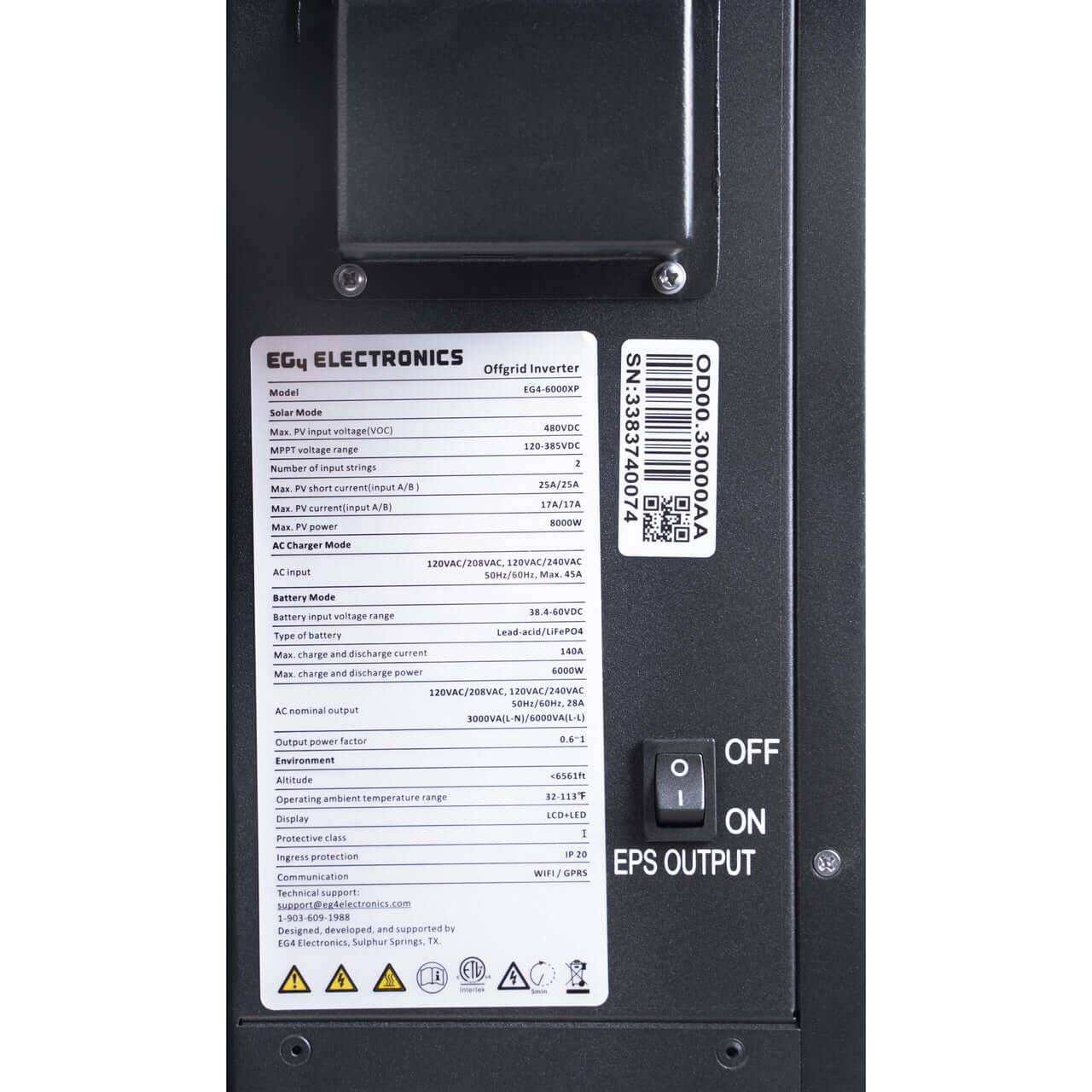 EG4 6000XP Split Phase Inverter Panel - On/Off Switch and Specifications, available at Cabin Depot, enhancing off-grid energy independence.