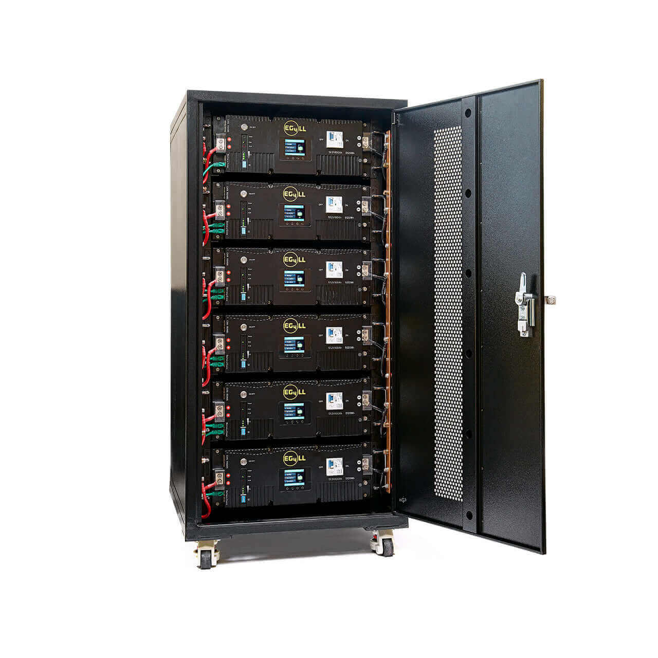 EG4 Preassembled Enclosed Battery Rack 6 Slot by Cabin Depot with secure lockable door and vented panel for efficient air circulation.