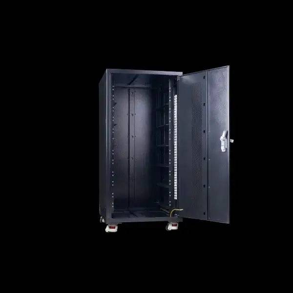 EG4 enclosed battery rack with open door, part of the 30.72kWh energy storage bundle, available at Cabin Depot. Free shipping included.