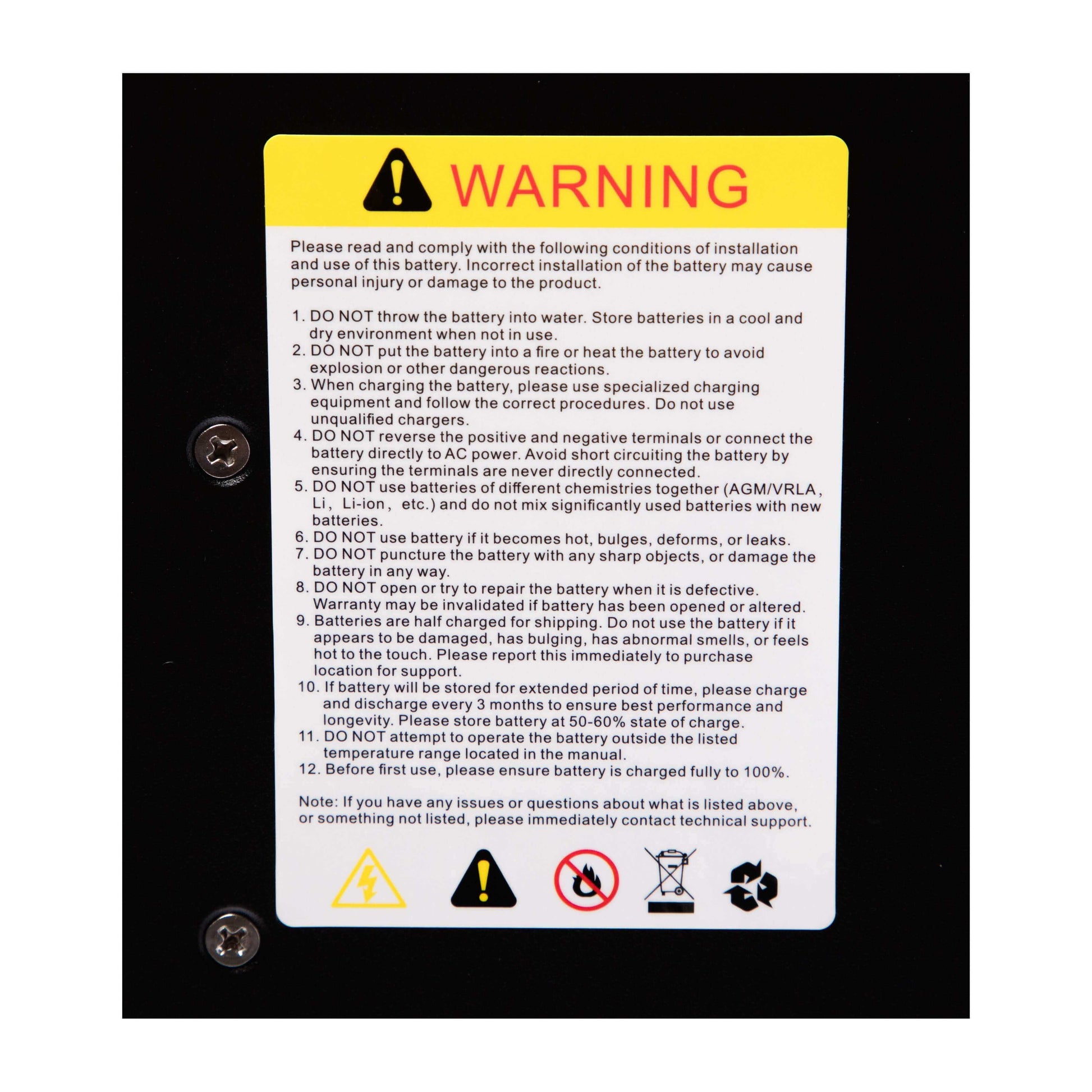 Warning label for EG4 48V 100AH Lithium LL-S Server Rack Battery at Cabin Depot.