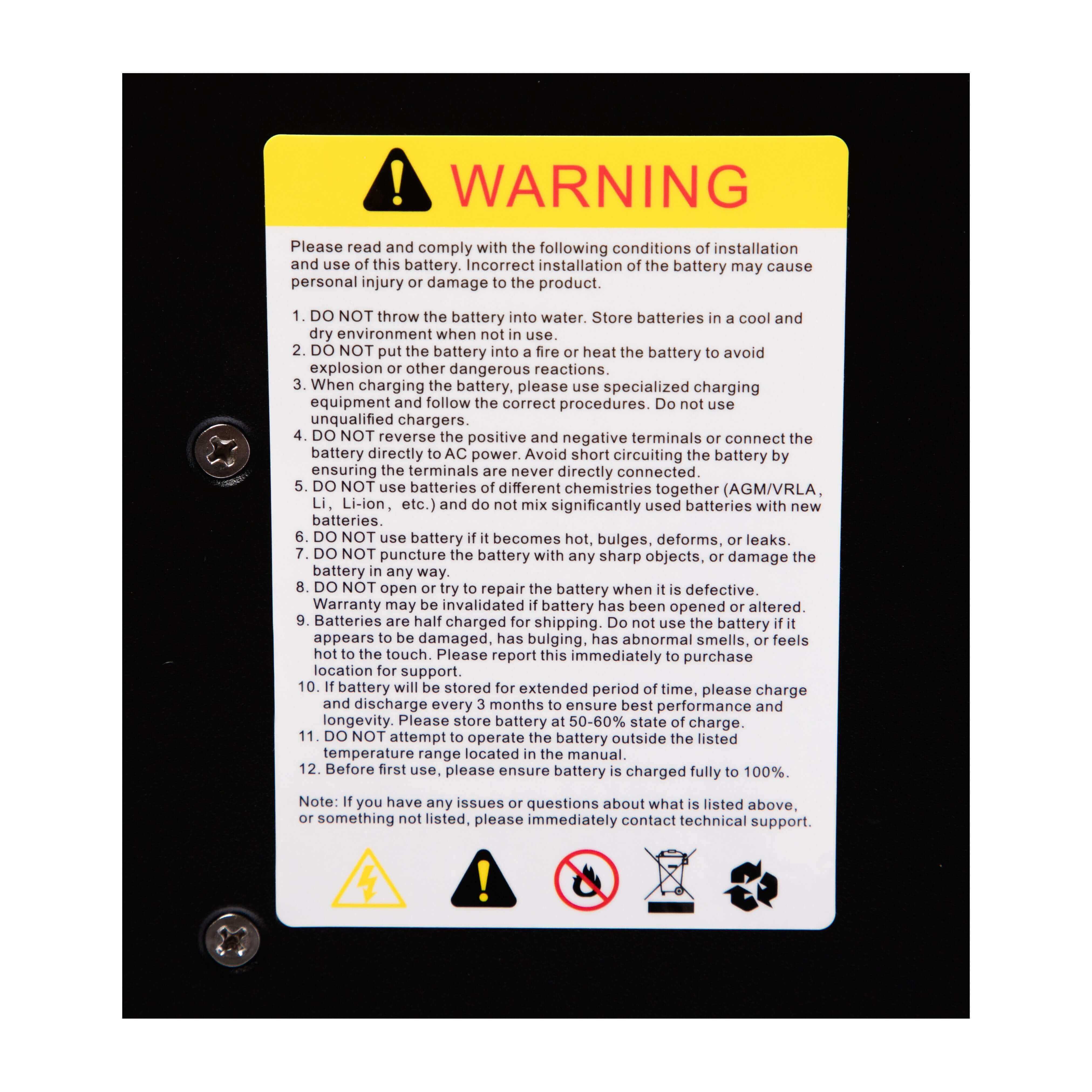 Warning label for EG4 48V 100AH Lithium LL-S Server Rack Battery at Cabin Depot.