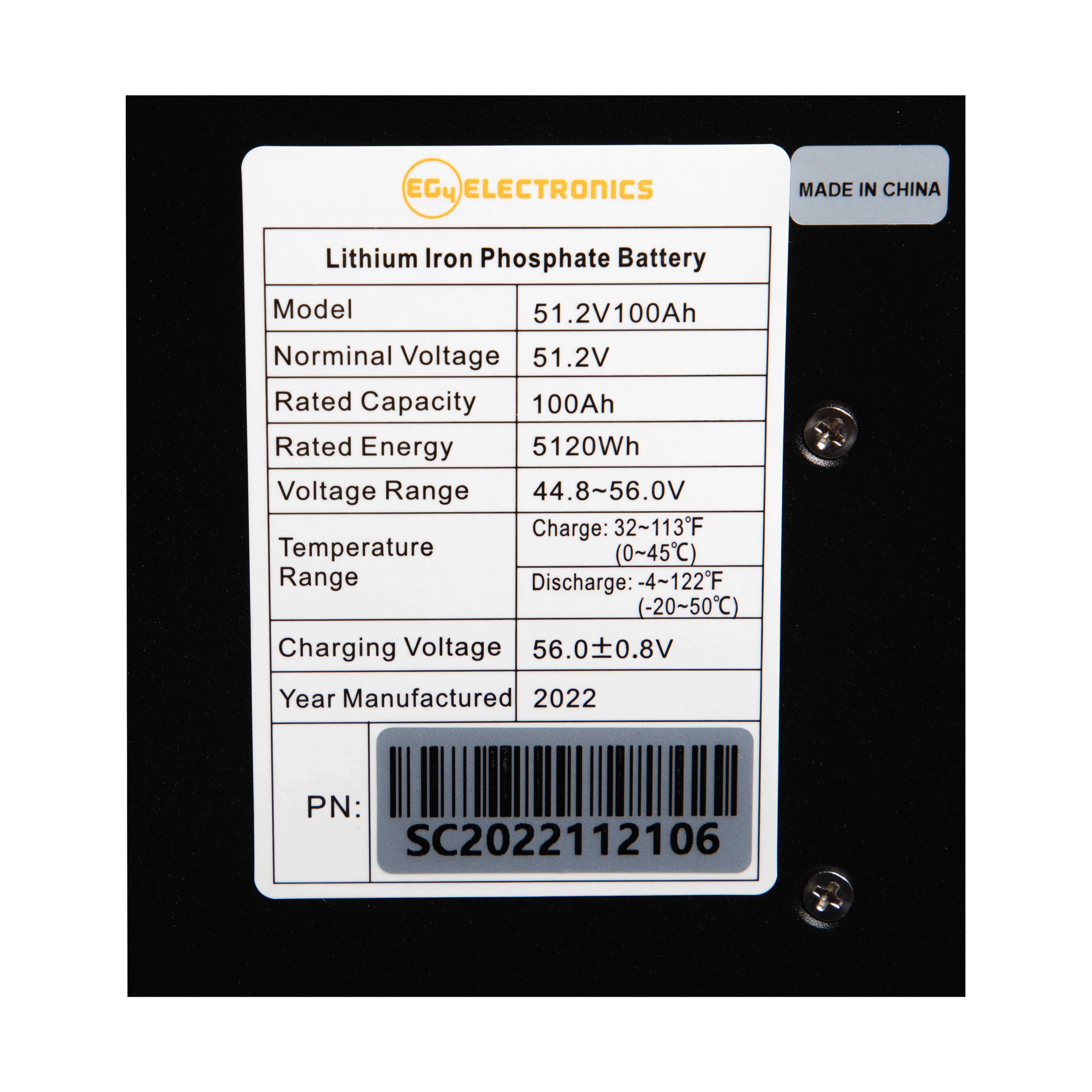 EG4 51.2V 100AH lithium battery label with technical specifications, optimized for off-grid energy, Cabin Depot.