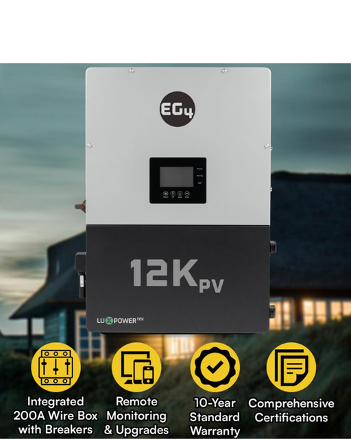 Front view of the EG4 12KPV inverter with a house in the background. The image highlights features including an integrated 200A wire box with breakers, remote monitoring and upgrades, a 10-year standard warranty, and comprehensive certifications.