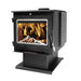 Englander 15-W03 Wood Stove with Blower and roaring fire, showcasing XBT Technology. Ideal for heating 2,000 ft² areas.