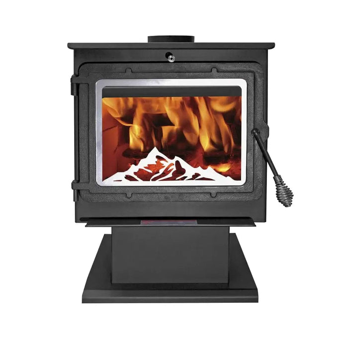 Englander 15-W03 wood stove with blower, featuring a large viewing window and XBT Technology for efficient heating.