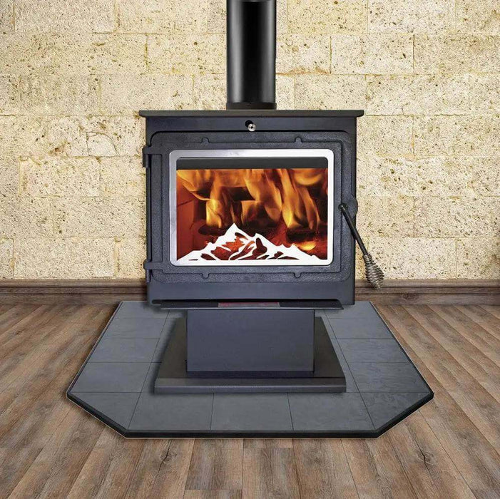 Englander 15-W03 wood stove with blower on a hearth, showcasing a burning fire, ideal for heating large spaces.