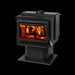 Englander 15-W06 wood stove with visible flames, featuring blower and large firebox for efficient heating in larger homes.