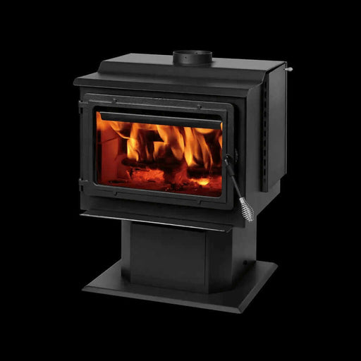 Englander 15-W06 wood stove with visible flames, featuring blower and large firebox for efficient heating in larger homes.