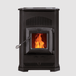 Englander 25-CAB80 cabinet-style pellet stove with visible flames, featuring auto-start igniter and user-friendly control board.