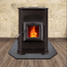 Englander 25-CAB80 Pellet Stove showing a warm flame, cabinet-style design with efficient auto-start igniter.