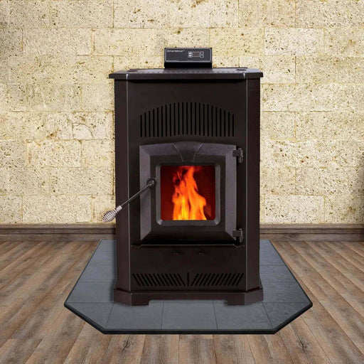 Englander 25-CAB80S Pellet Stove with burning flame on wood floor background