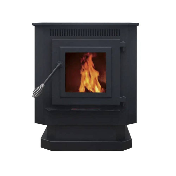 Englander 25-PDVC Pellet Stove with visible flames in modern design