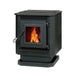 Englander 25-PDVC Pellet Stove with visible flame, compact design, free shipping available, auto-start igniter, and user-friendly controls.