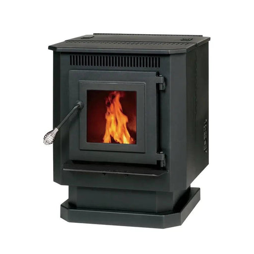 Englander 25-PDVC Pellet Stove with visible flame, compact design, free shipping available, auto-start igniter, and user-friendly controls.