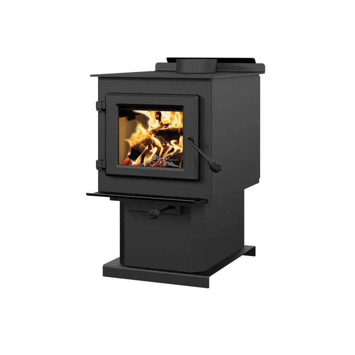 Englander Blue Ridge 100 Wood Stove with ceramic glass and cast iron door, ideal for small spaces, USA-made, non-catalytic, EPA certified