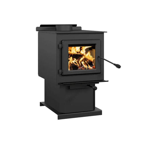 Englander Blue Ridge 100 Wood Stove, compact high-efficiency design with cast iron door, ceramic glass, and steel top for tight spaces.