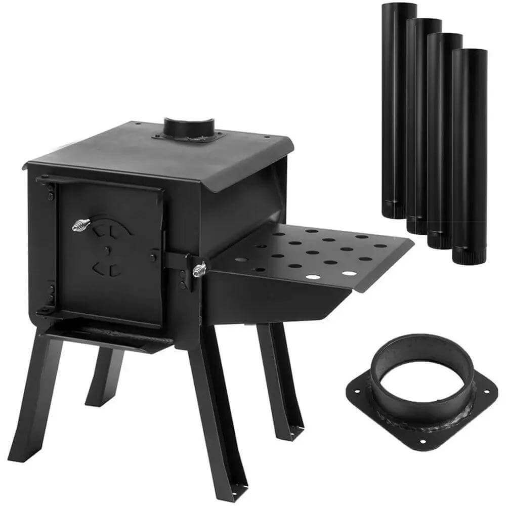 Englander Cub Kit Wood Stove with pipe and shelf attachments, perfect for cabin use from Cabin Depot.