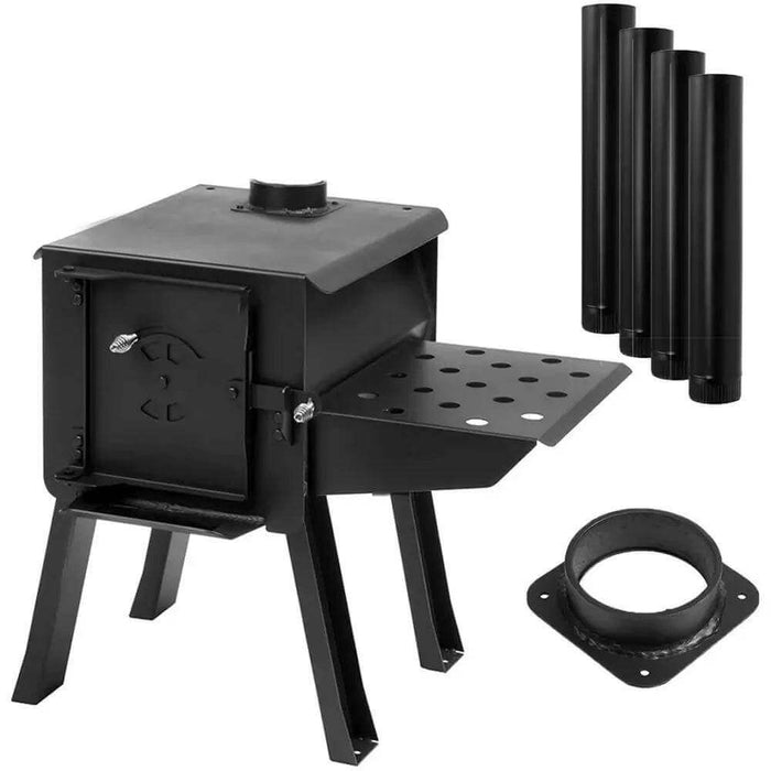 Englander Cub Kit Wood Stove with pipe sections and attachable shelf, made of heavy-duty steel for portable and long-lasting use.