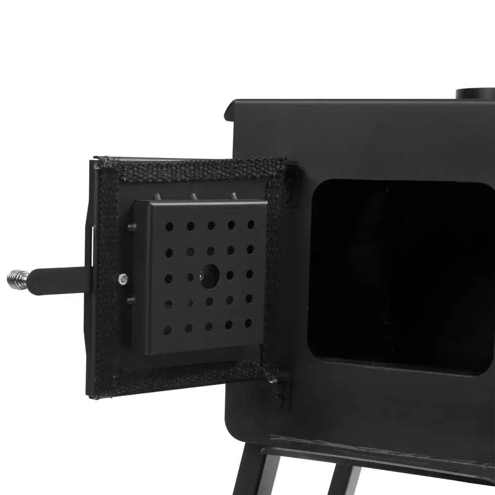 Englander Grizzly Kit Wood Stove door detail, heavy-duty steel, by Cabin Depot, ideal for portable camp heating.