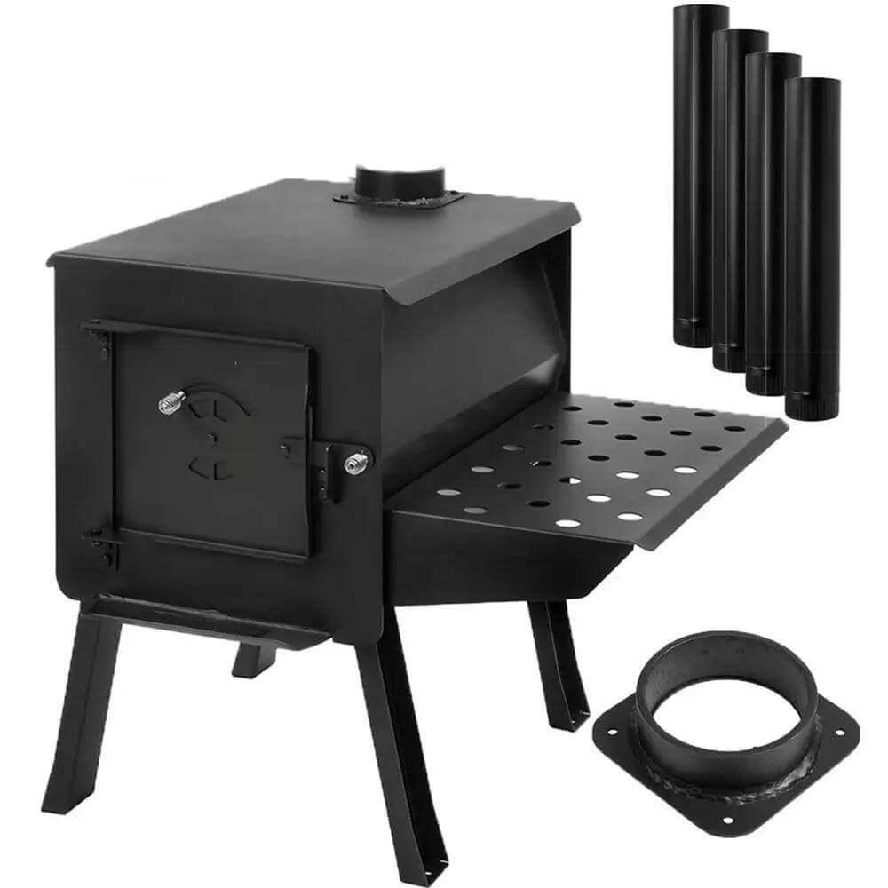Englander Grizzly Kit Wood Stove with accessories, ideal for cabins. Includes four pipes, collar, and shelf. Available at Cabin Depot.