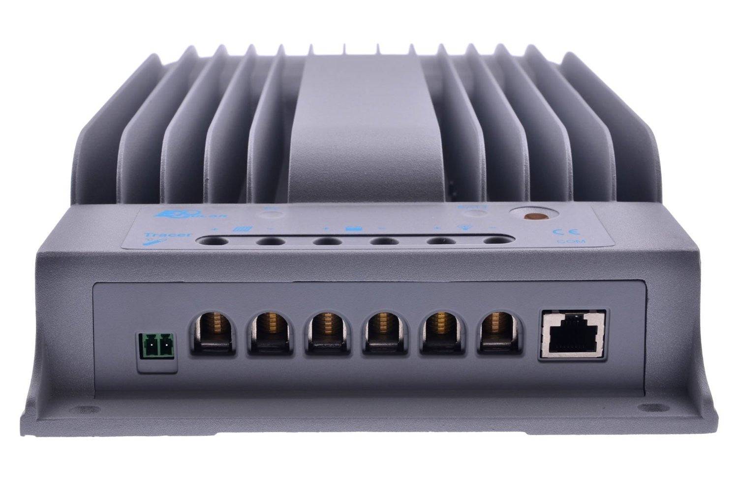 Rear view of EP Solar 4215 BN 40 Amp MPPT Charge Controller, available at Cabin Depot, showcasing ports and design structure.