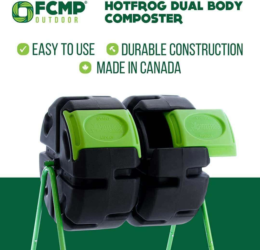 Alt Tag: FCMP Outdoor HOTFROG dual body tumbling composter, durable UV-resistant design, made in Canada, available at Cabin Depot.