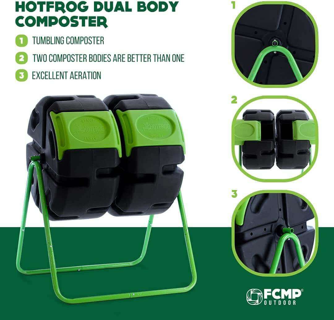 FCMP Outdoor HOTFROG Dual Body Tumbling Composter, dual chamber design, UV resistant, available at Cabin Depot