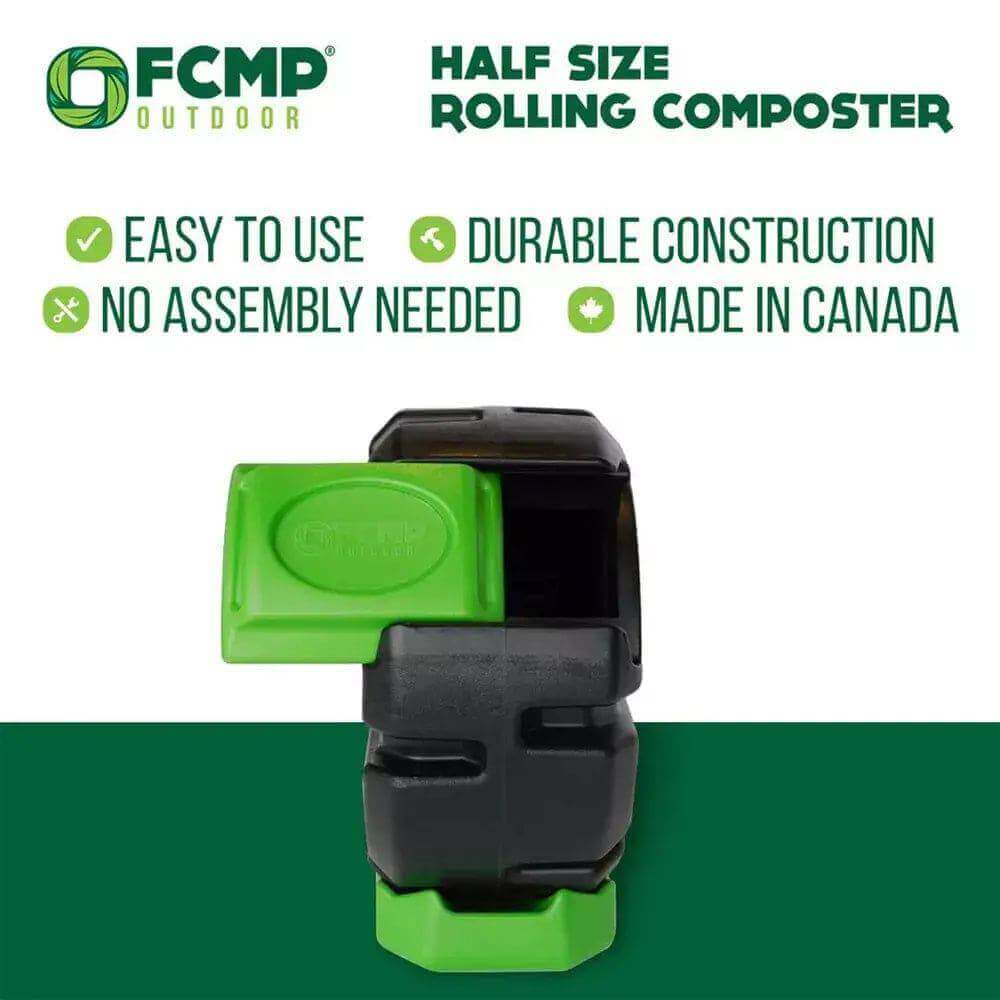 FCMP Outdoor 18.7Gal Green Rolling Composter - Cabin Depot - Easy to use, durable, no assembly needed, made in Canada.