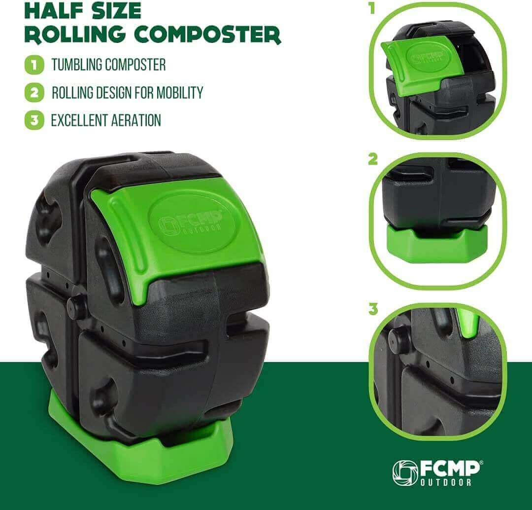 FCMP Outdoor Half Size Rolling Composter with tumbling design for easy mixing, mobility, and excellent aeration at Cabin Depot.