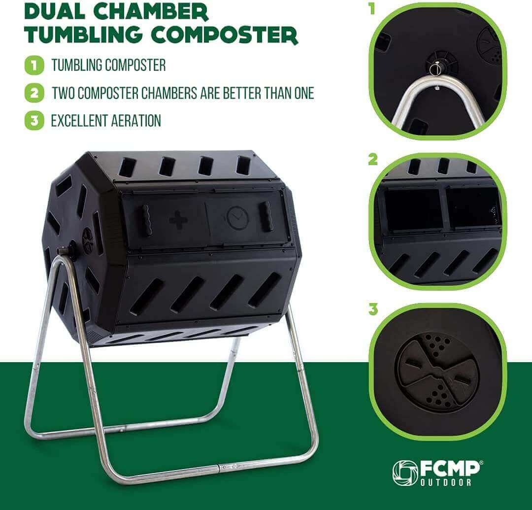 FCMP Outdoor Dual Chamber Tumbling Composter, efficient composting with Cabin Depot. Features two chambers and excellent aeration.