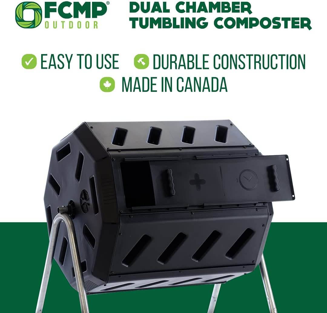 FCMP Outdoor Dual Chamber Tumbling Composter, easy to use, durable, made in Canada, available at Cabin Depot.